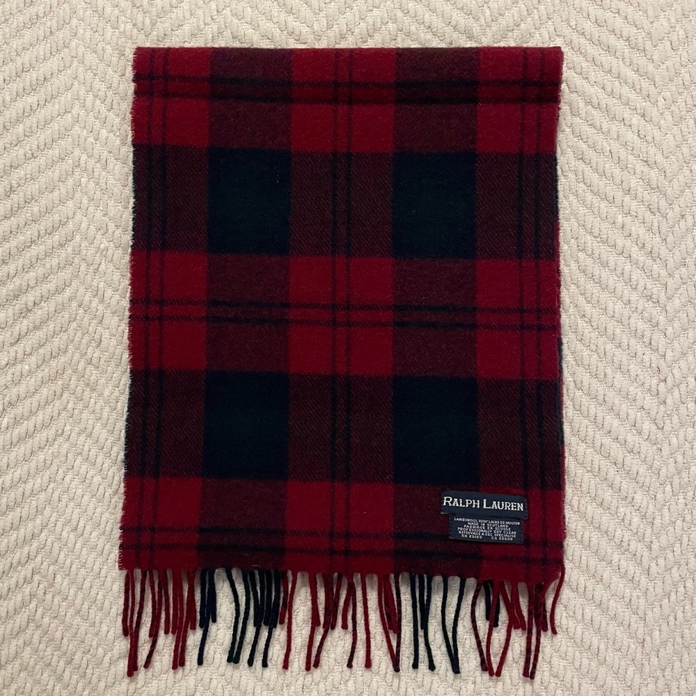 Ralph Lauren Blue Label 100% Lamb's Wool Dark Red/Green Plaid Scarf